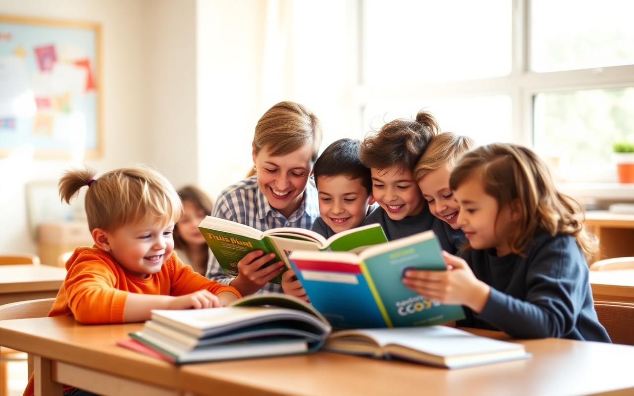 Estudiantes de Primaria leyendo con su maestra