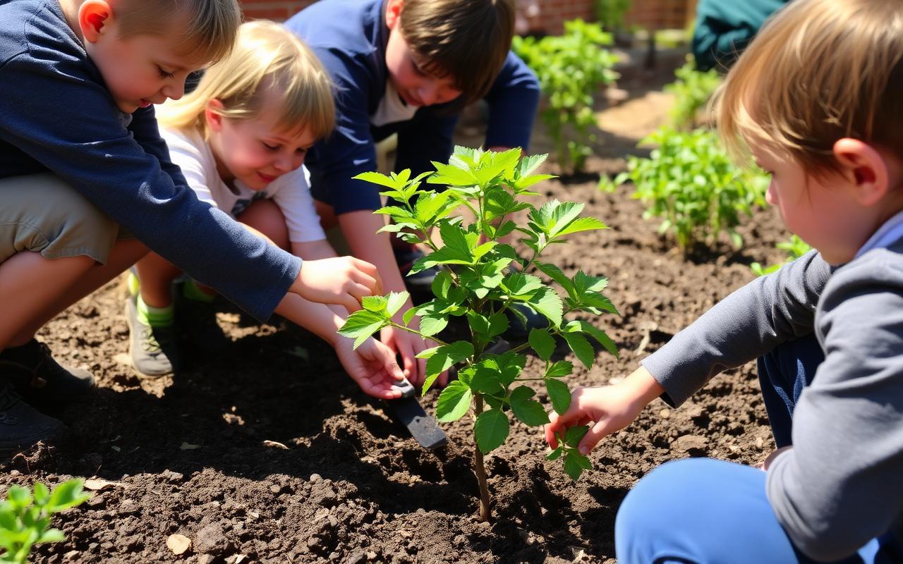 Alumnos plantando un árbol en el huerto escolar